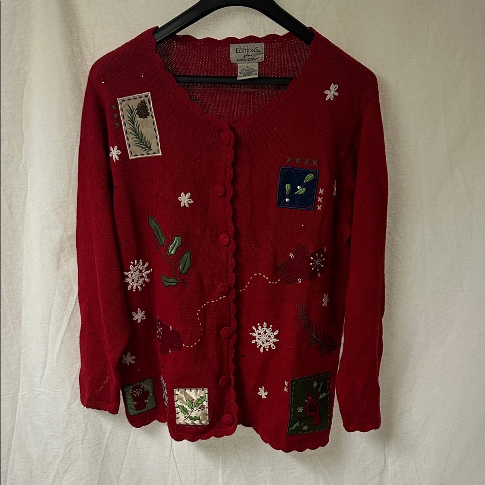 Vintage Red Cardigan with Festive Embroidery patches XL